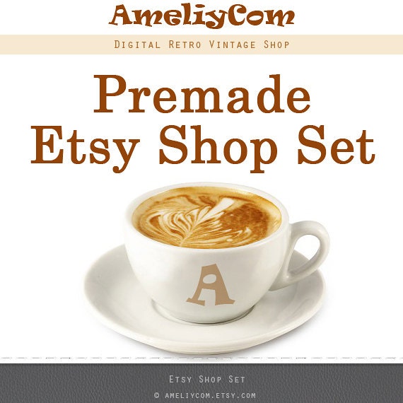 Custom ETSY SHOP SET  Premade  - 11 items - design for your Etsy store - peach pastel colors retro cappuccino - Etsy business kit