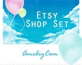 Banners for ETSY SHOP SET Custom Design Premade 11 items - Springtime - Bright spring colors blue green pink balloons shabby Chic Etsy store
