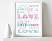 Art Print 8x10 DIY  for home printing - Love Wall Decor  - Pink and Blue turquoise - Printable JPG