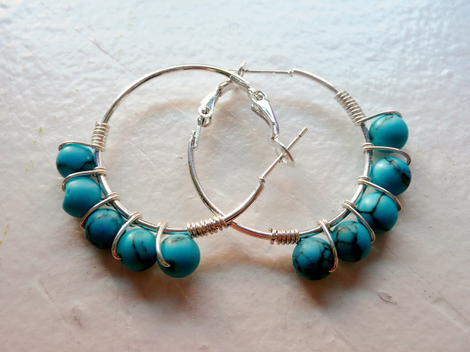 Silver Wire Wrapped Hoops with Turquoise Beads