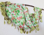 Floral Scarf,  Green Scarf with Floral, Skinny Scarf, Linen Scarf, Lace Scarf, Colorful, Mint