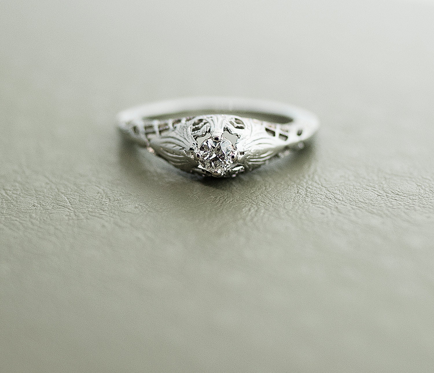 Dainty 14k White Gold Antique Filigree Diamond Engagement Ring