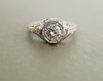 Antique 18k White Gold Filigree Diamond and Ruby Filigree Engagement Ring