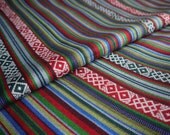 South American Fabric, Peruvian Fabric, Woven, Red Green Cruza Stripes, 1 Yard