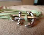 Light Green Waxed Cotton Cord Wrap Bracelet with large Silver Anchor featuring adjustable slip knot