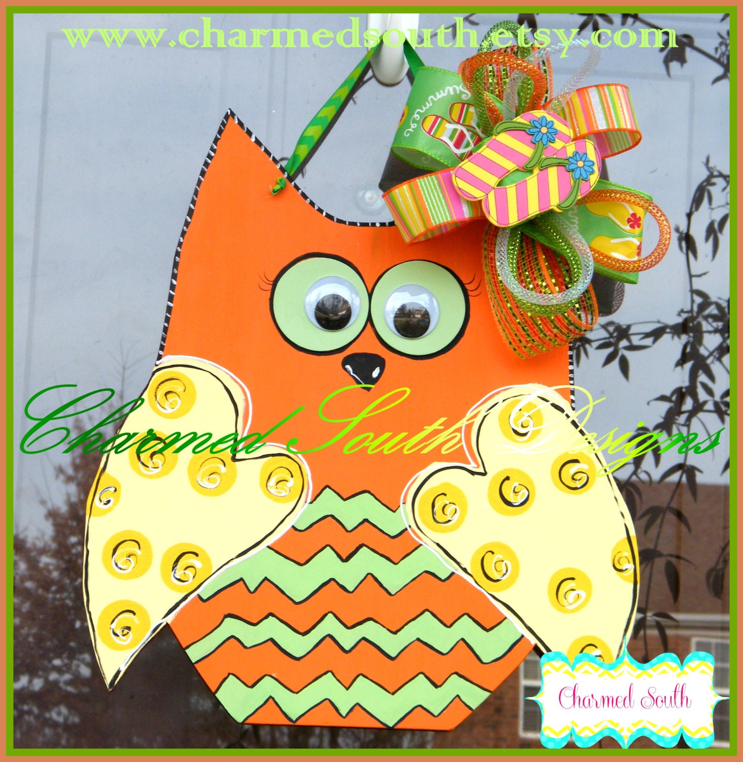 Summer Orange Chevron Wood Owl Door Hanger, front door decor, wall art, wall sign