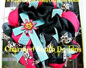 Red Turquoise Cross deco mesh and burlap wreath