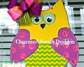 Yellow Hot pink Summer Owl, wood door hanger, wall hanging, front door decor
