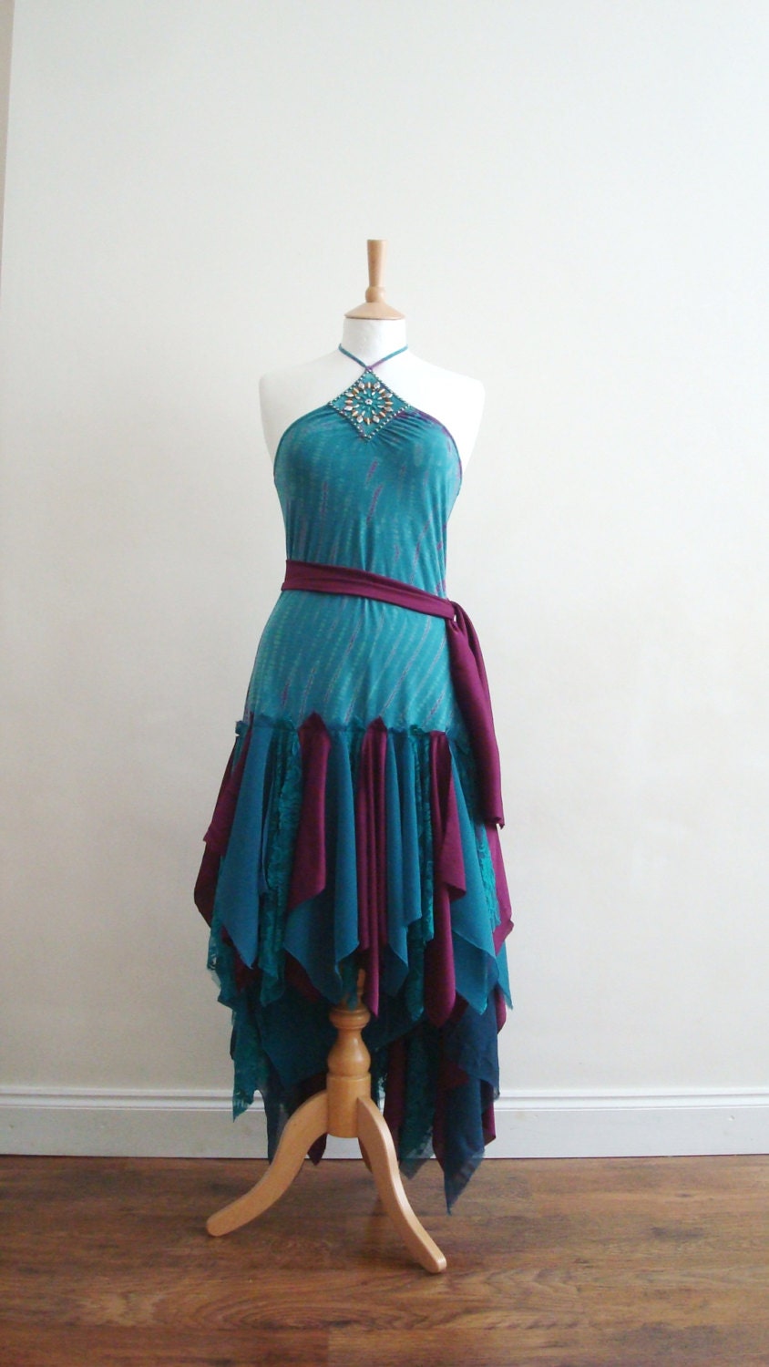 Upcycled Woman's Clothing Romantic Eco Style Wedding Fairy Tribal Dress Teal Purple Lace OOAK
