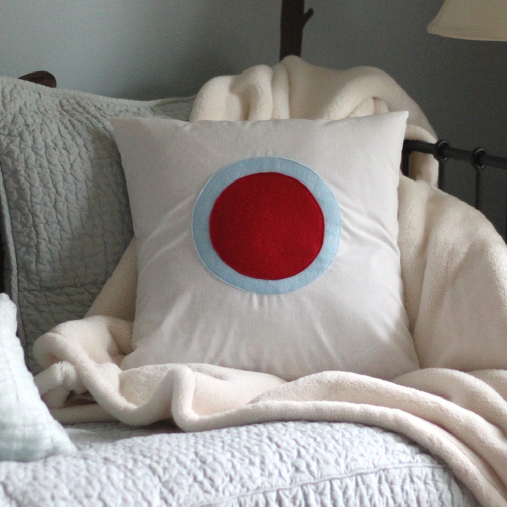 red and blue circle bullseye applique pillow cover, 18X18