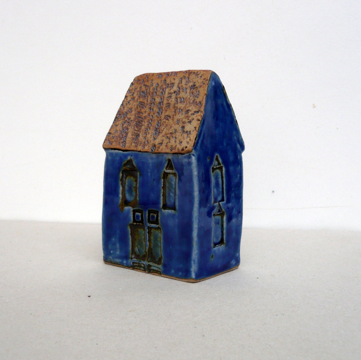Blue School House. Ceramic Miniature House. OOAK.