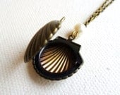 Sea Shell Locket, Keepsake Necklace, Beach Necklace in Antique Bronze little Pearl seaside seashore seashell mermaid jewelry