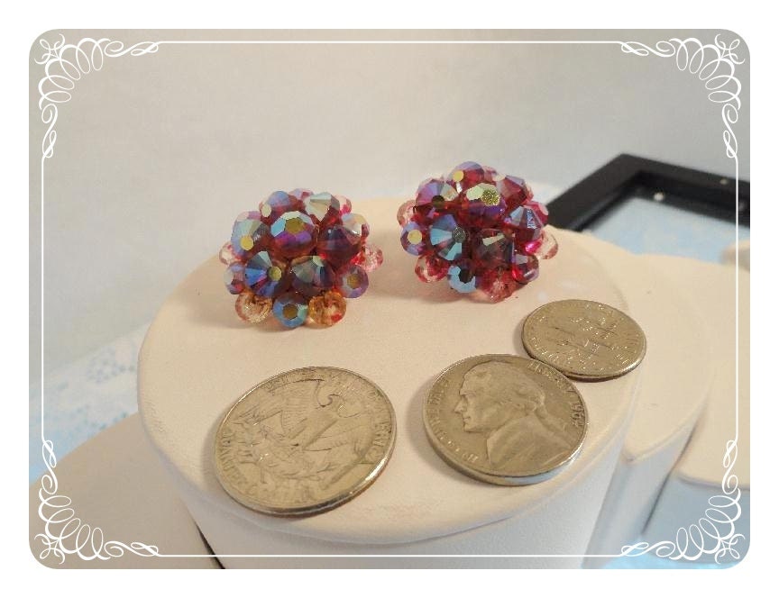 Pink & Red Aurora Borealis  Glass Beaded Earrings - Vintage Beads   E478b-081412000