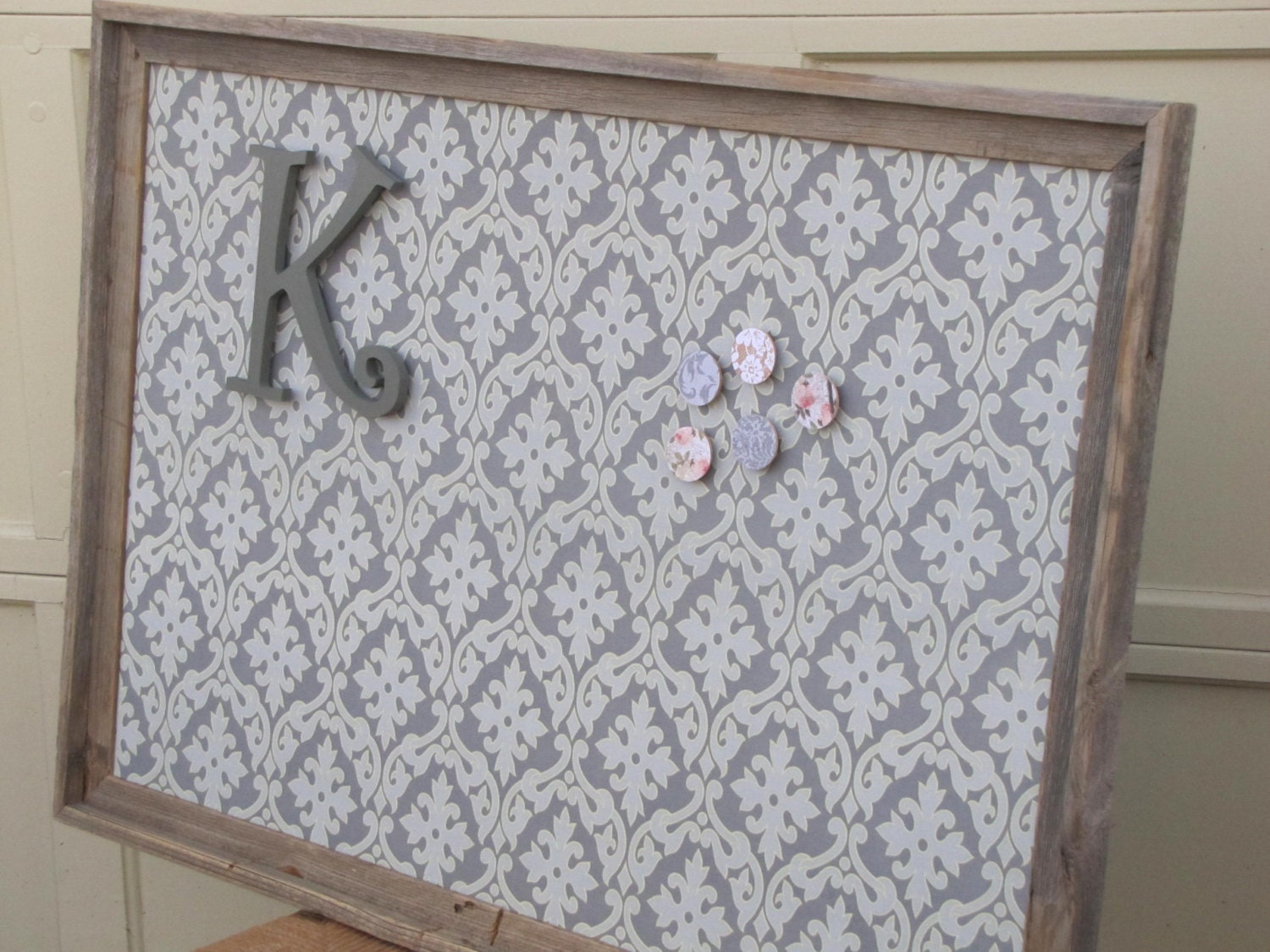25 x 31 barnwood FRAMED FABRIC MAGNET board, memo board, gray damask, organize, megnetic board, the charming wall