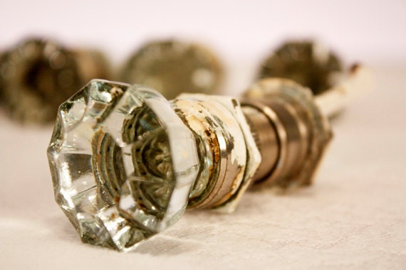Vintage Reclaimed Cut Glass Cabinet Door Hardware: Set of 9