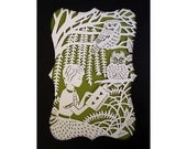 5x7 Original Papercut - Girl Reading with the Owls - Handcut Paper Illustration