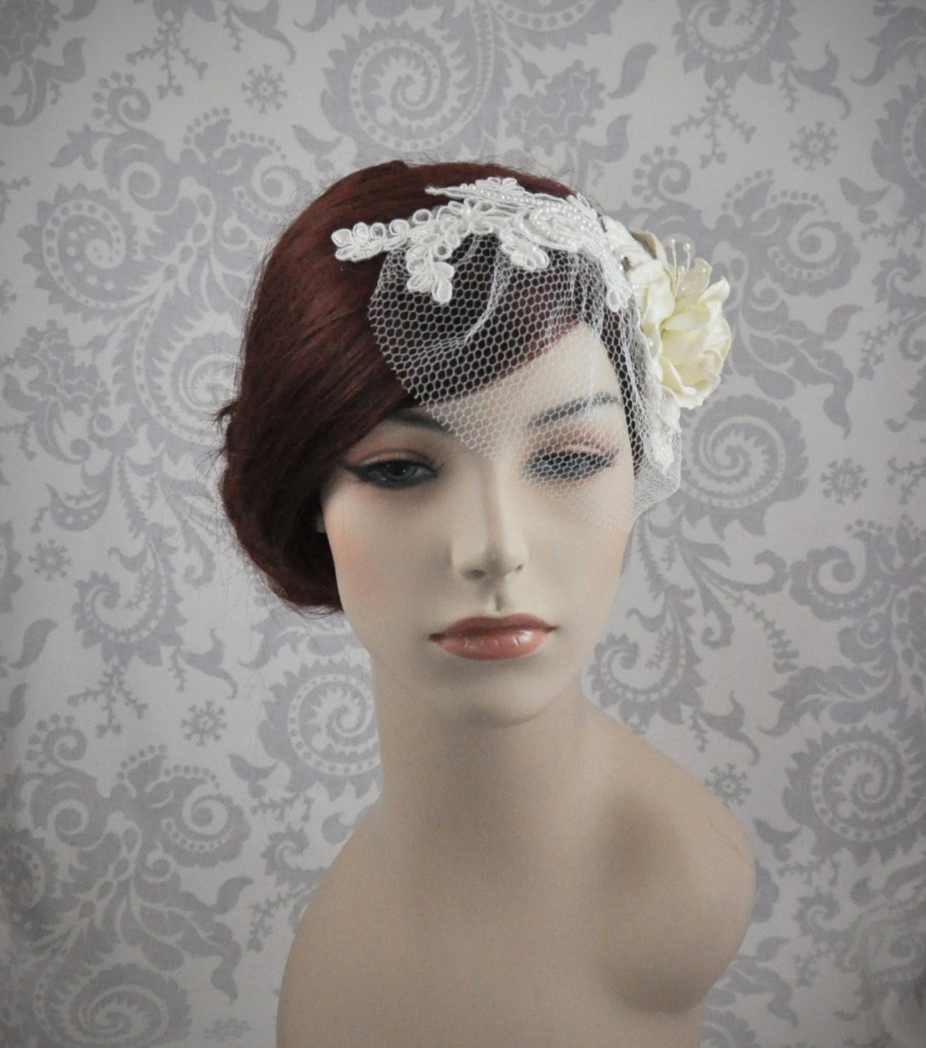 Lace Bridal Headpiece with Small Veil, Birdcage Veil with Lace and Flowers, Detachable Birdcage Veil, Removable Veil