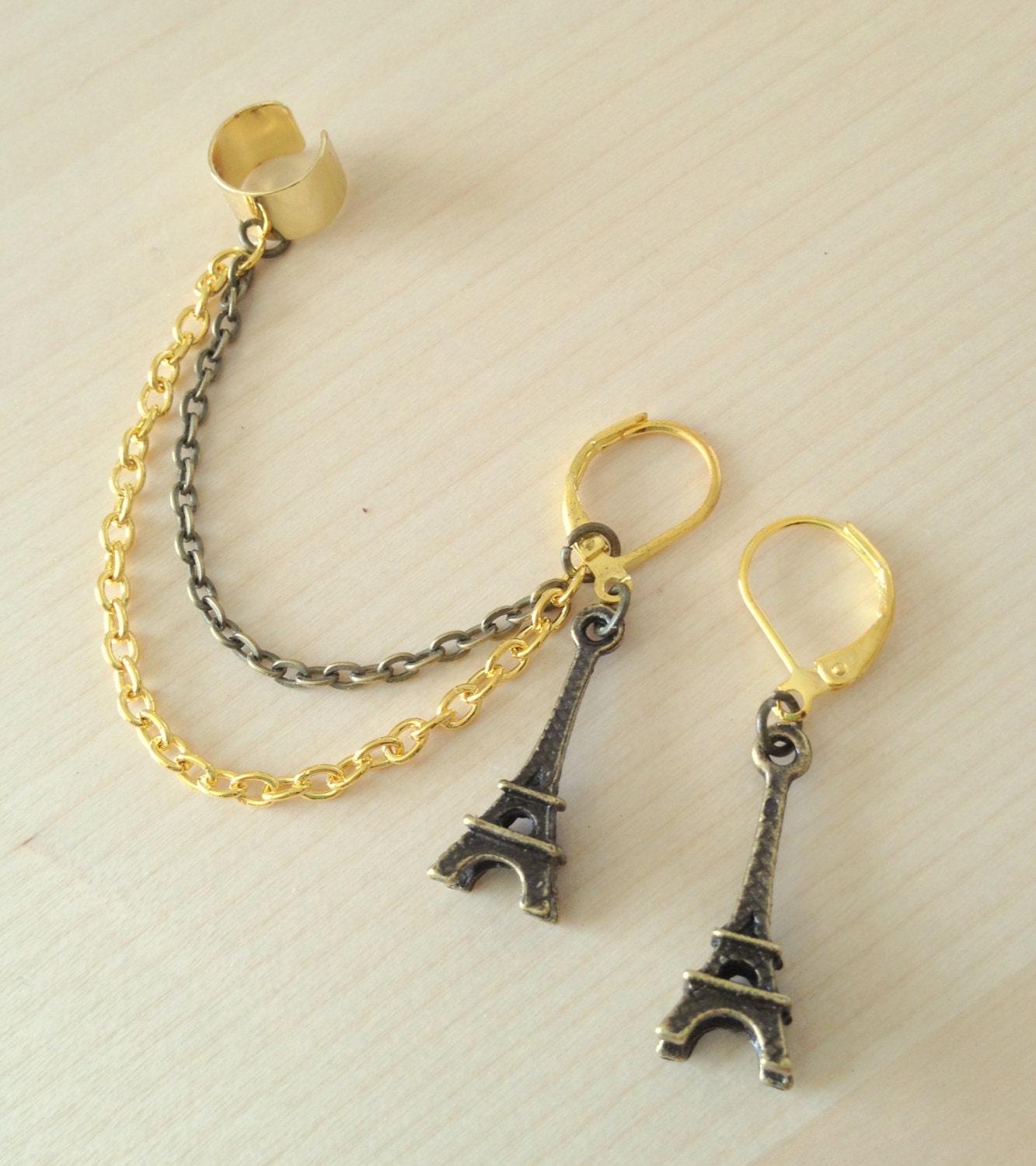 Antique bronze brass Eiffel Tower Paris gold and bronze double piercing ear cuff earrings