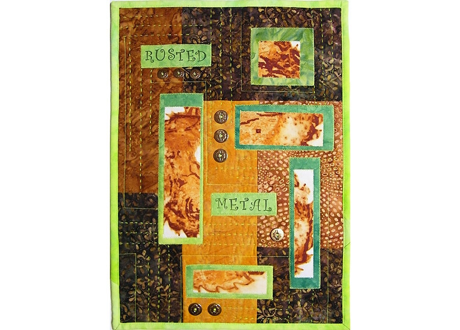 Mixed Media Fiber Art Rusted Fabric Quilted Wall Hanging