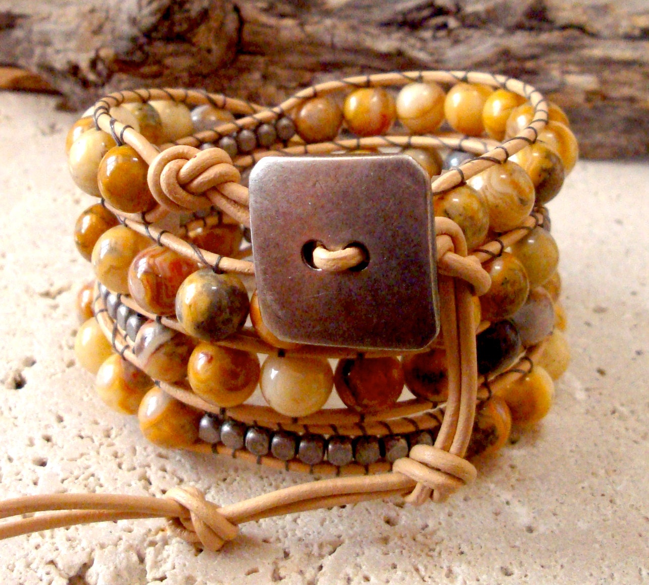 Crazy Amber Agate & Antique Silver Cubes Handmade Beaded Leather 4-Wrap Bracelet