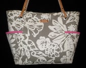 Taupe Gray and White Floral Canvas Bag Purse with Hot Pink, Handmade handbag, Shoulder Bag with leather handles