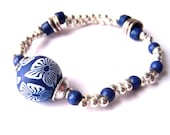 Blue Bead Bracelet, Silver, Stretch, Cute, Quirky, Asymmetric, Dark Blue, Stacking Bracelet, Women, Girls, Teens Spring Jewelry