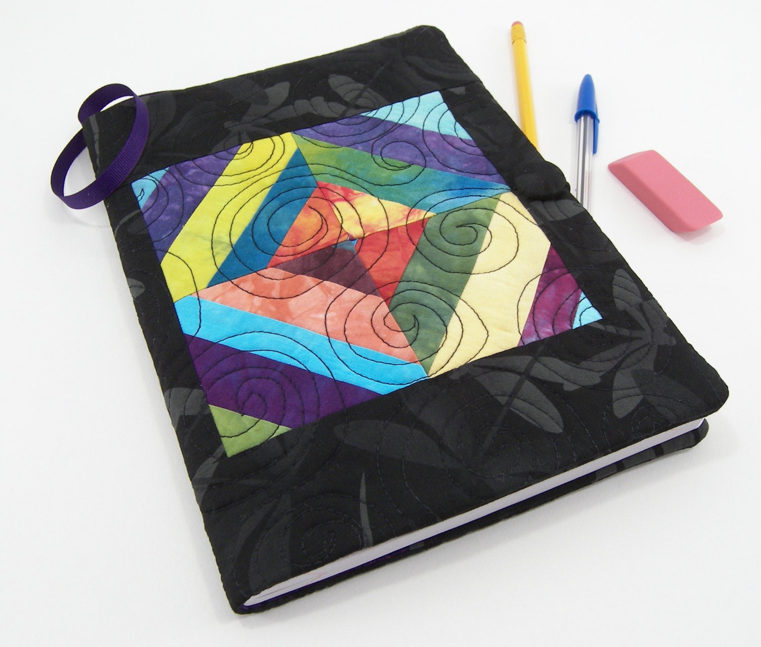 Quilted Composition Notebook Cover, Refillable Fabric Journal - Colorful String Pieced Hand Dyed Fabric with Black Dragonfly Borders