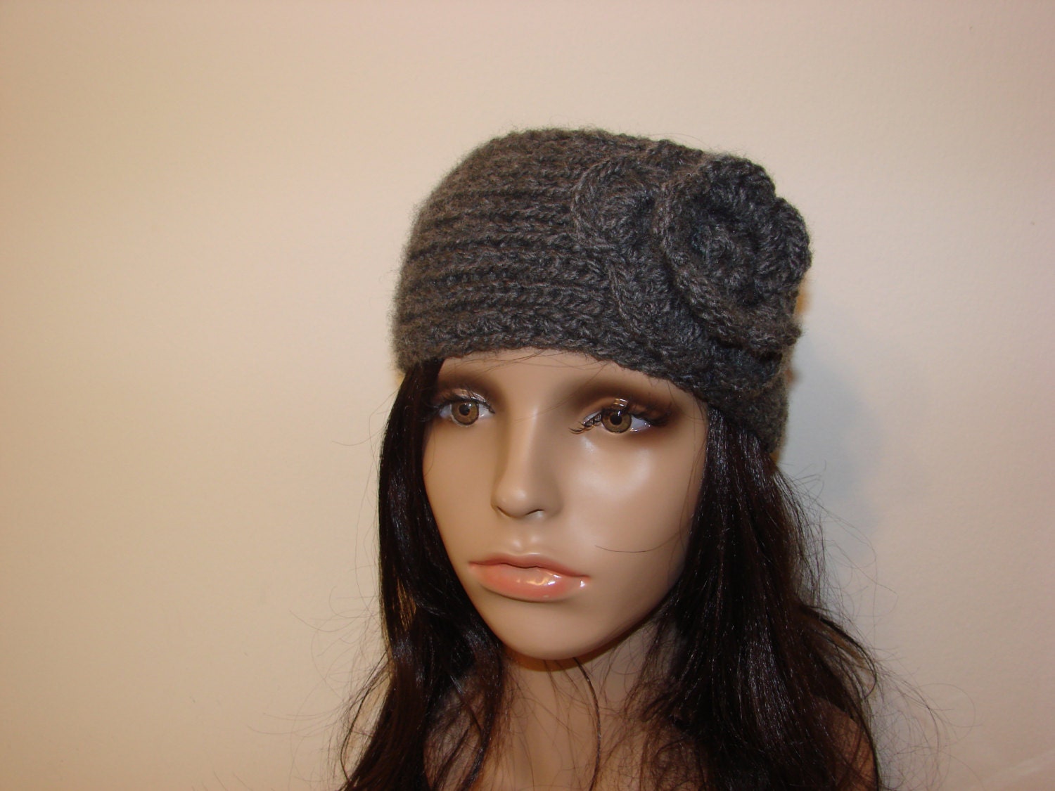 Woman girl knit headband with crocheted flower handmaded  dark ash charcoal grey ski acrylic soft chunky