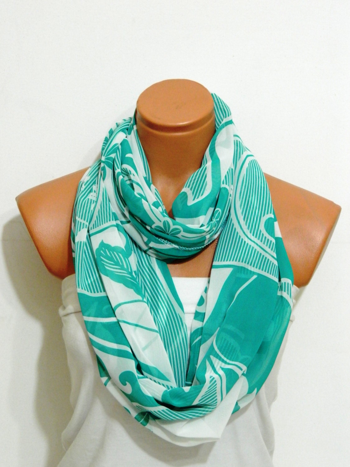 Valentines Day Sale - Mint Chiffon scarf,loop Scarf,Infinity Scarf,Circle Scarf,.Ultra soft..Cowl...Nomad Tube..flowers scarf