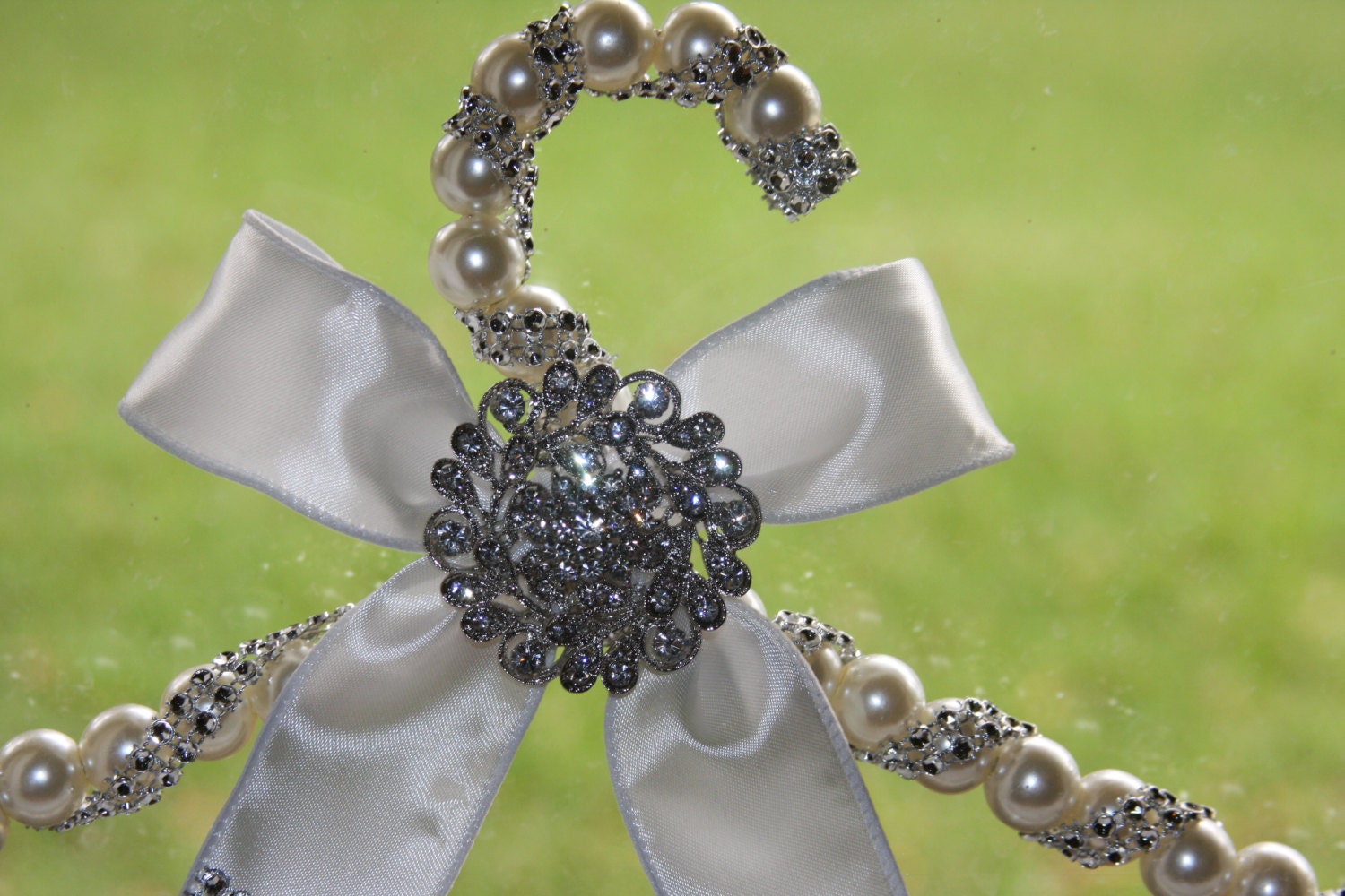 wedding dress hanger with pearl beads, brooch, ribbon and lots of bling makes great gift  and keepsake for bride and entire bridal party