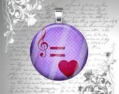 Purple Music Equals Love - Heart and Treble Clef - 1 Inch Glass Circle Photo Pendant Necklace