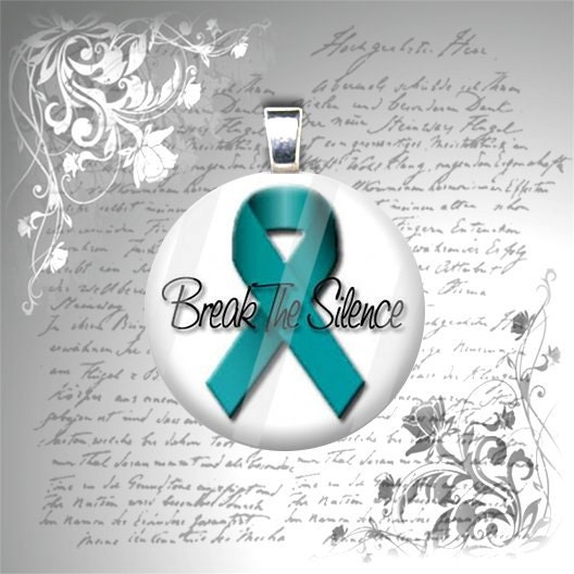 Break The Silence, Teal Ribbon, Sexual Violence Awareness - 1 inch Glass Circle Photo Pendant Necklace