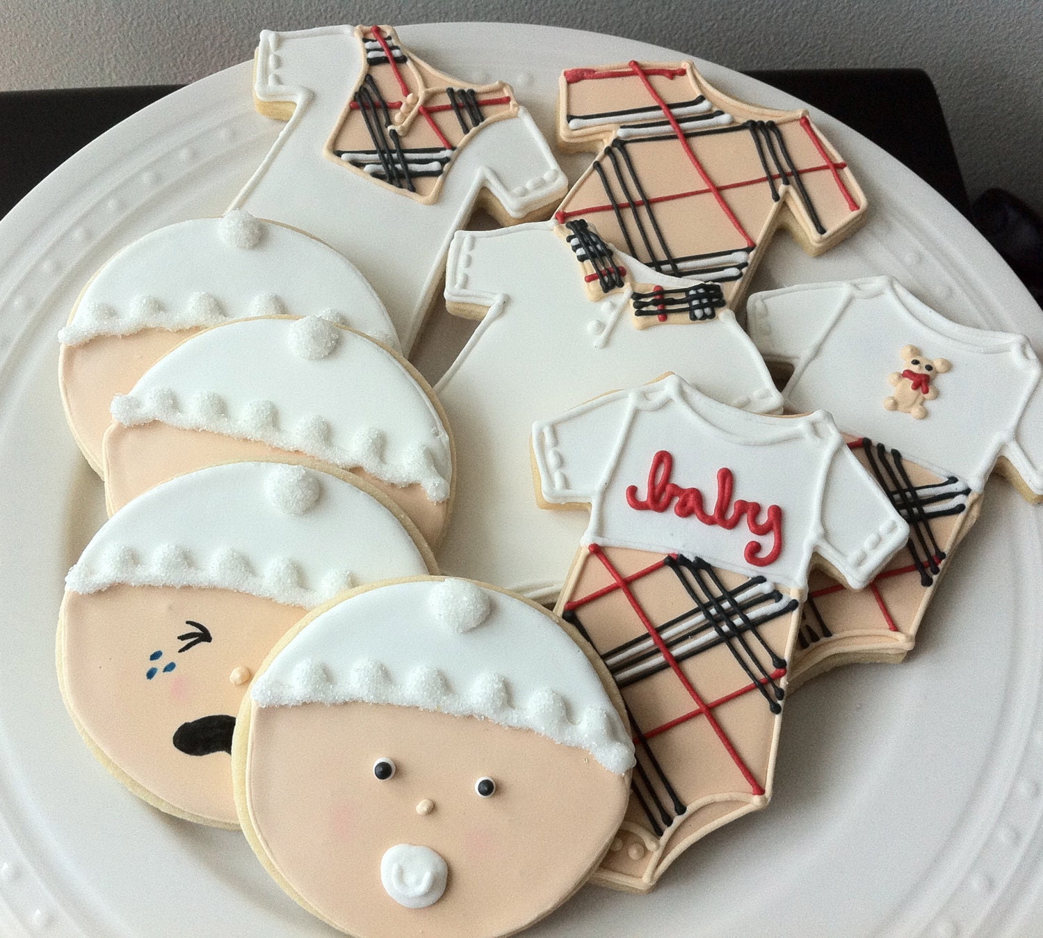 Decorated Burberry Inspired Baby Shower cookies- baby faces and onesies