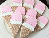 Decorated Ice Cream Cone Cookies, pink and white for your ice cream social favors