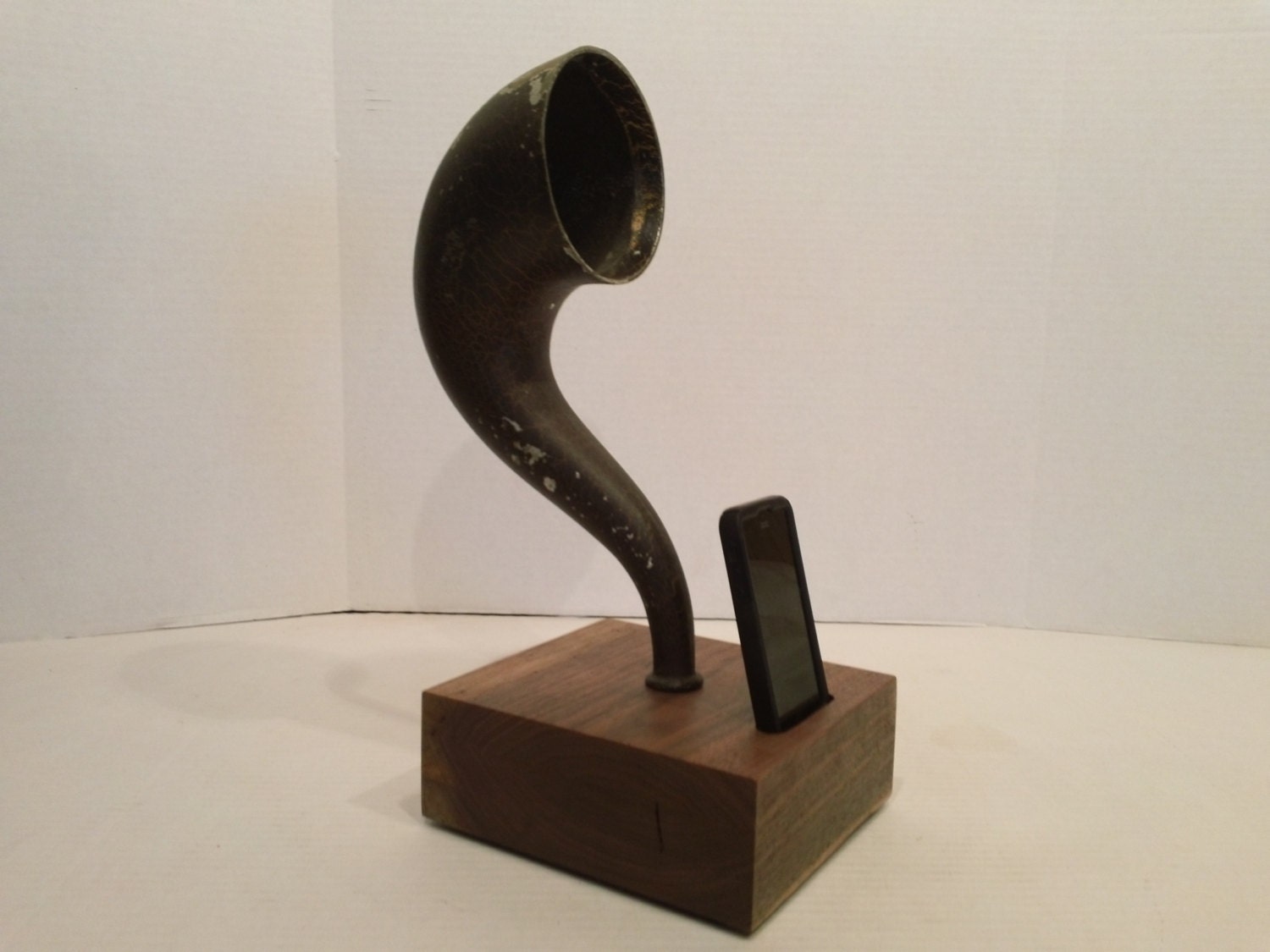 Acoustic iPhone Speaker Dock Utilizing a Vintage Antique Gooseneck for a Gramophone Horn -Ready to Ship-