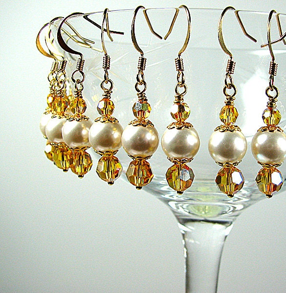 Bridesmaid earrings Swarovski pearl and yellow crystal earrings Dangle beaded earrings Prom wedding bridal jewelry Beaded bridesmaid jewelry
