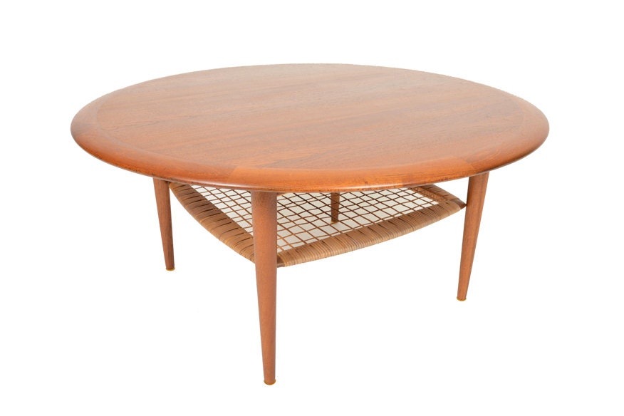 Danish Modern Mid Century Round Coffee Table in Teak Featuring a Lower Caned Rack