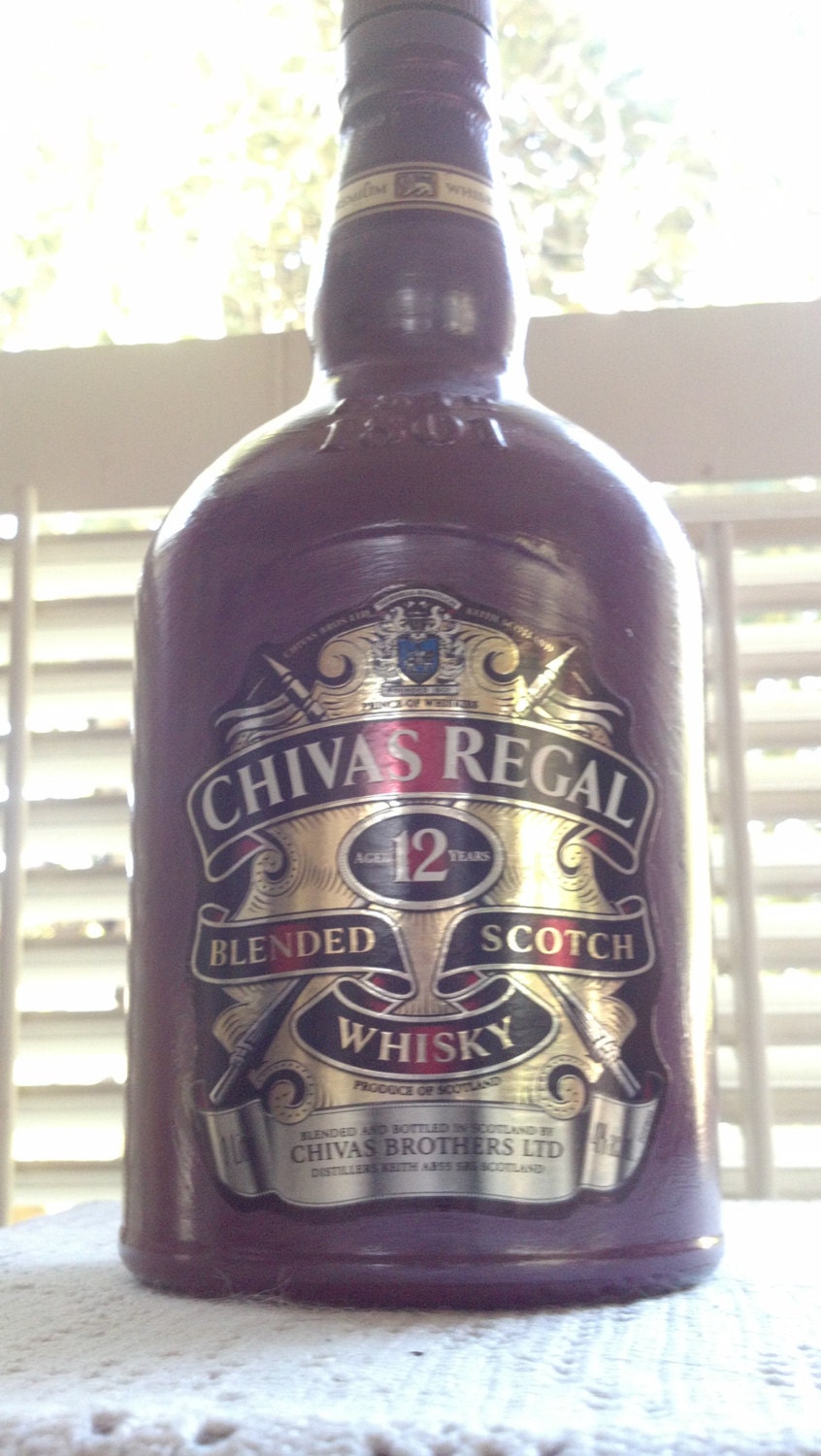 CHIVAS REGAL Glass Bottle Hand Painted, decanter, recycled upcycled