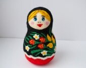 Needle Felted Matryoshka, Russian Doll, Ooak, Flower, black, red, yellow, green