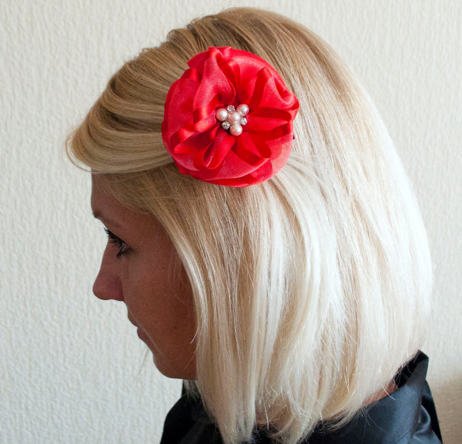 Red brooch, barrette, woman brooch, red flower, crystals, pearls
