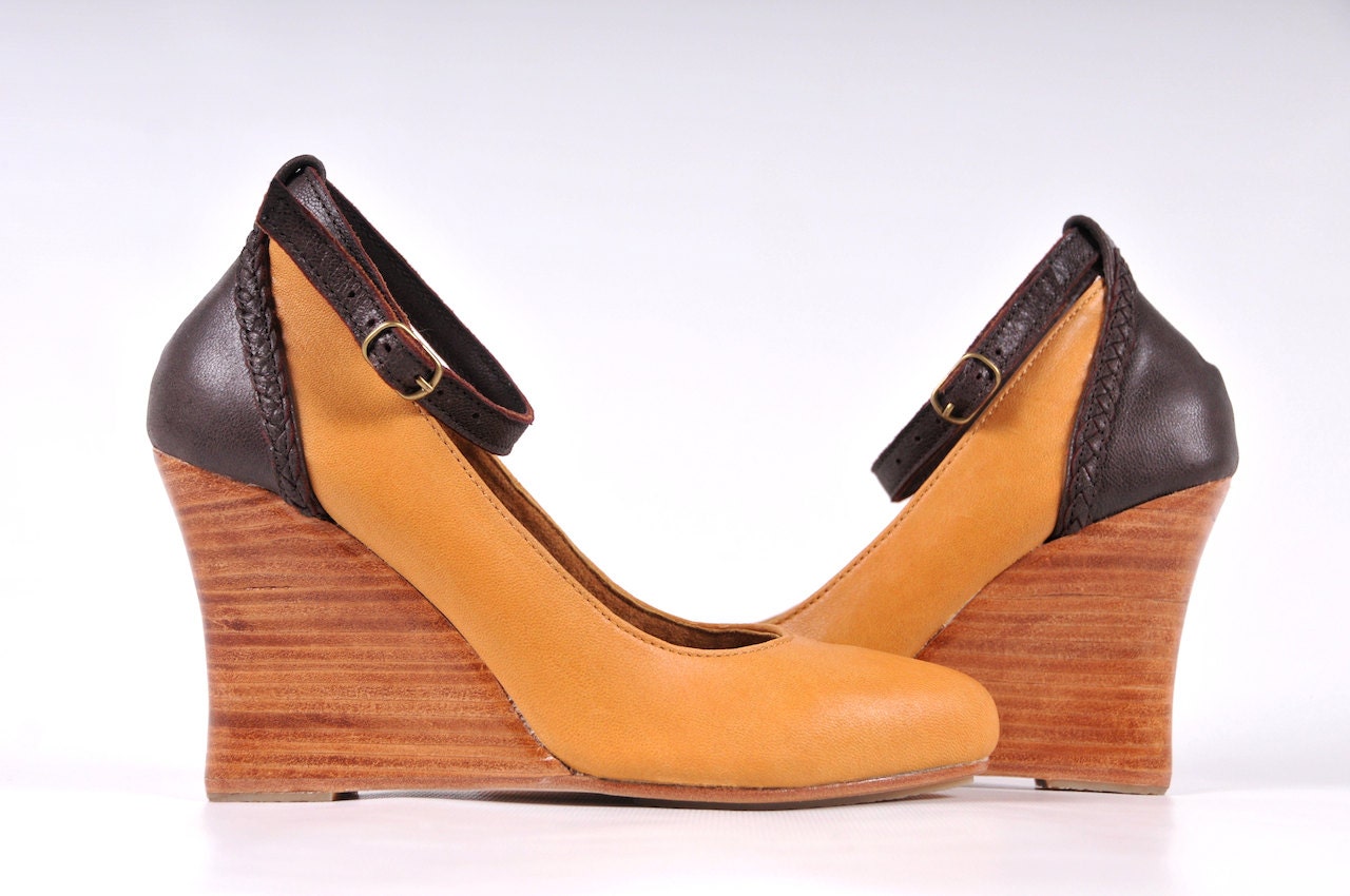 SALE. sz 7.5. Wedges. FELICITY. Leather wedges / leather shoes with ankle strap