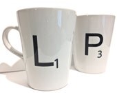Latte mug couple set of 2 mugs set - Scrabble Mugs "Scrabble Letters " set perfect couple gift wedding gift, housewarming Gift