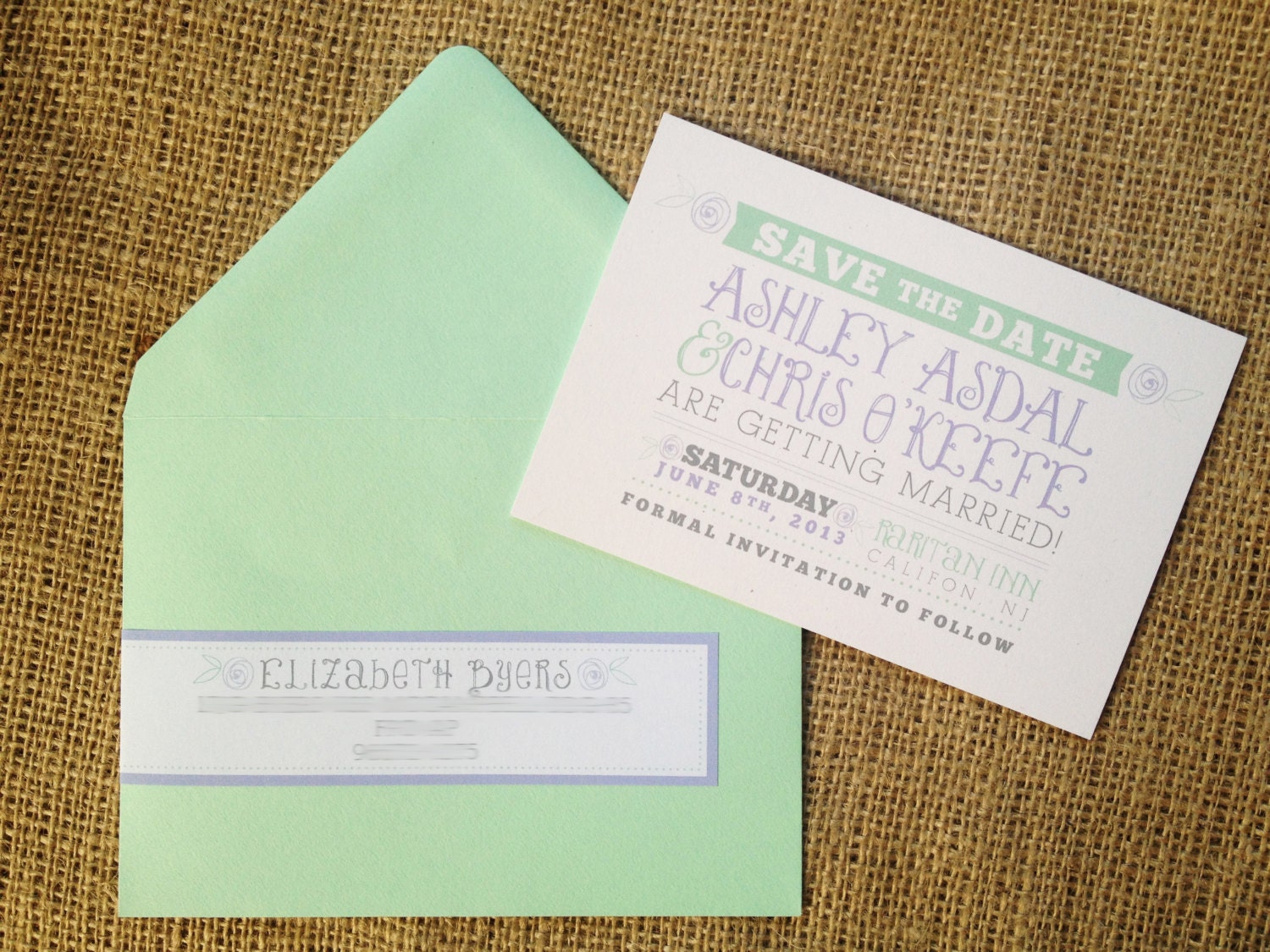 TeaRose Save the Date - Unique Vintage Floral Wedding Invitation Indie Shabby Chic Rustic Woodland Mint Lavendar Gray Ice Cream Burlap