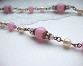 Pink Necklace with Imitation Pearls - Pastel Pink - Vintage Style Antique Copper Signed Pastel Color