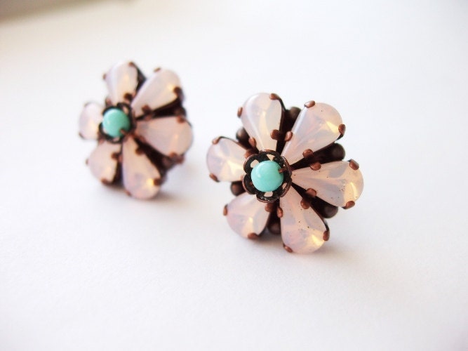 Pale Pink Opal Melissa Stud Earrings with Vintage Glass Rhinestones Opalescent Pastel Color Posts Made to Order