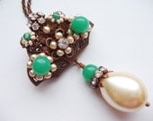Green & Pearl Pendant Brooch with Pearl Drop Oak Leaves Swarovski Rhinestones Convertible Necklace Costume Jewelry Designer Signed Copper