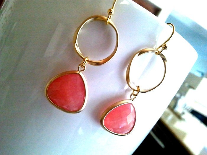 Spring Collection Coral Pink Gold Earrings ,Drop, Dangle, Gemstone Earrings, bridesmaid gifts,Wedding jewelry