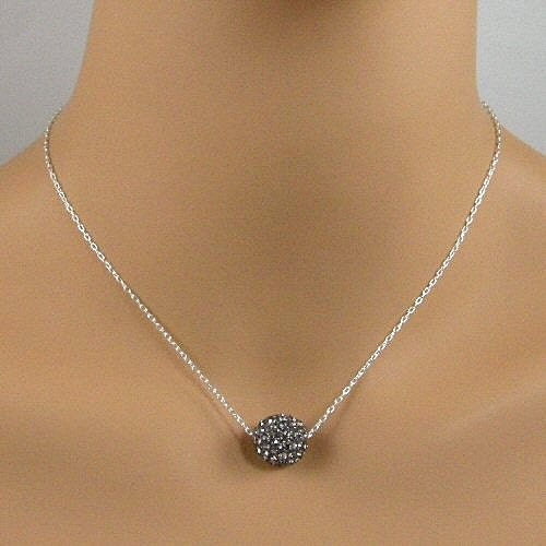 Black Diamond Crystal Ball Silver Chain Necklace, Rhinestone Ball Necklace