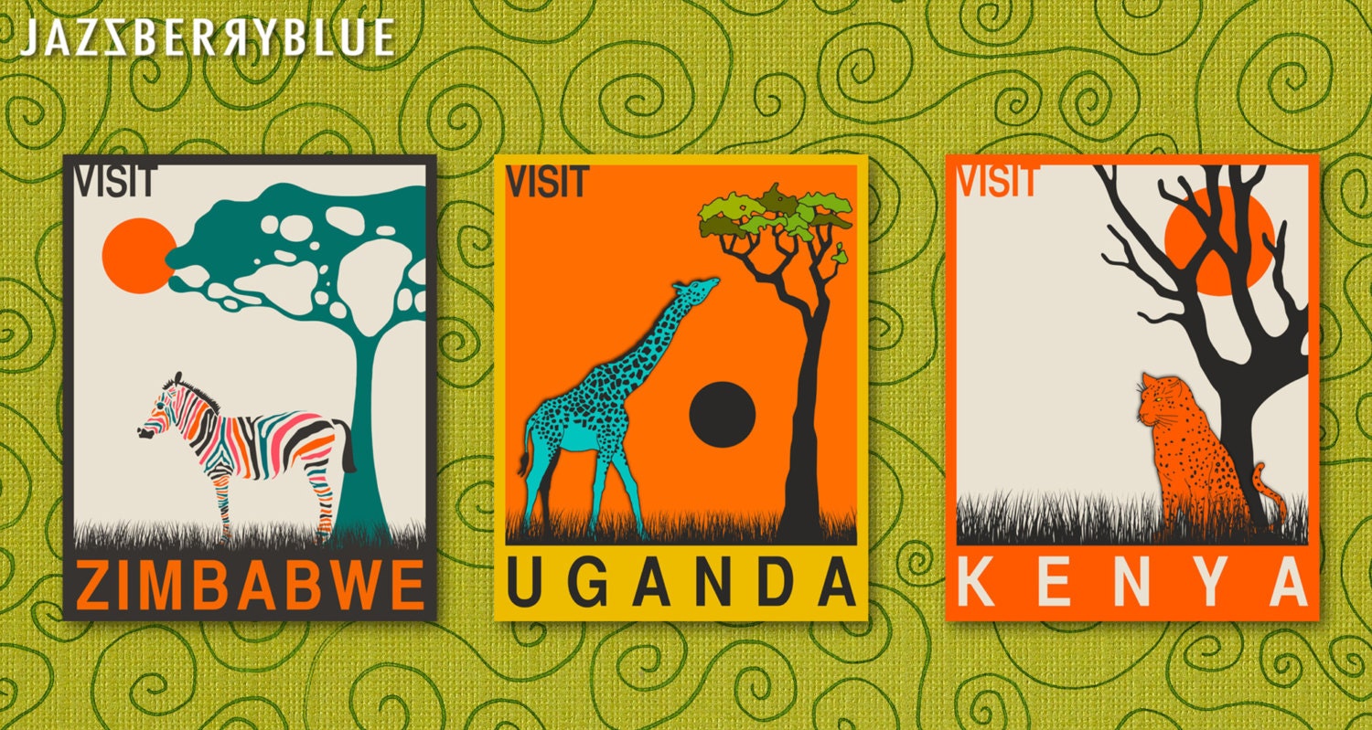Any 3 (8x10) African Travel Poster Art Prints, Modern Pop Artwork for the home wall decor by Jazzberry Blue
