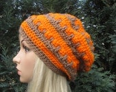 Handmade Crochet Cloche Beanie Hat, Crochet Hat in Cafe Latte and Pumpkin, Fashion Accessories, Bridge Beanie